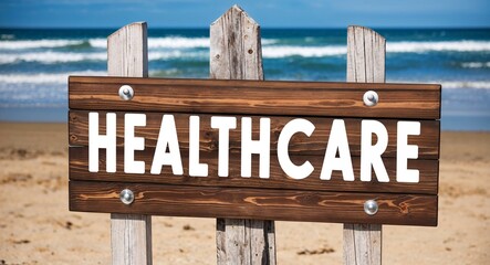 healthcare lettering on wooden sign board with beach summer background