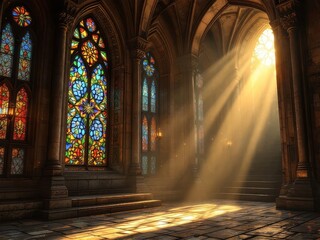 Temple church window, architectural detail.  Light streams through stained glass.