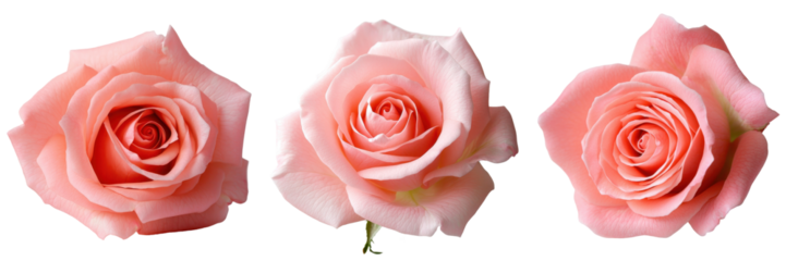 Three delicate pink roses showcasing their vibrant colors and soft petals. transparent background.