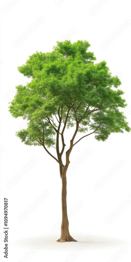 Poster a large green tree stands alone on a white background. the tree is the main focus of the image, and 