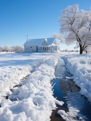 A beautiful blue house stands amidst a snowy landscape, illuminated by bright sunlight