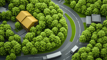 Aerial view of a winding road through a lush green forest with a golden-roofed house, AI