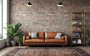 Brown leather sofa in loft style living room with brick wall.