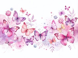 Elegant Pink and Purple Butterflies Watercolor Illustration for Invitations, Certificates, and Wedding Designs in a Horizontal Frame Perfect for Beauty Salons and Posters