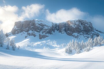 The summit features rugged cliffs and deep crevices surrounded by a blanket of snow