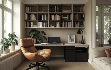 Cozy home office with bookcase, laptop, and comfortable chair.