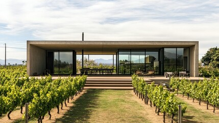 Obraz premium Modern Minimalist House Surrounded by Lush Vineyard with Sleek Design and Expansive Glass Windows Under Clear Blue Sky