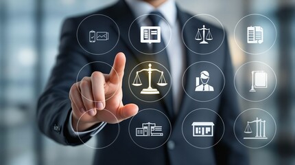 Fototapeta premium A Suited Legal Professional Engaging with Virtual Icons Symbolizing Law and Justice for Modern Legal Services
