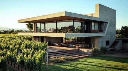 Obraz premium Modern architectural home in vineyard landscape showcasing large windows, inviting outdoor space, and stylish design against a backdrop of lush grapevines and scenic hills.