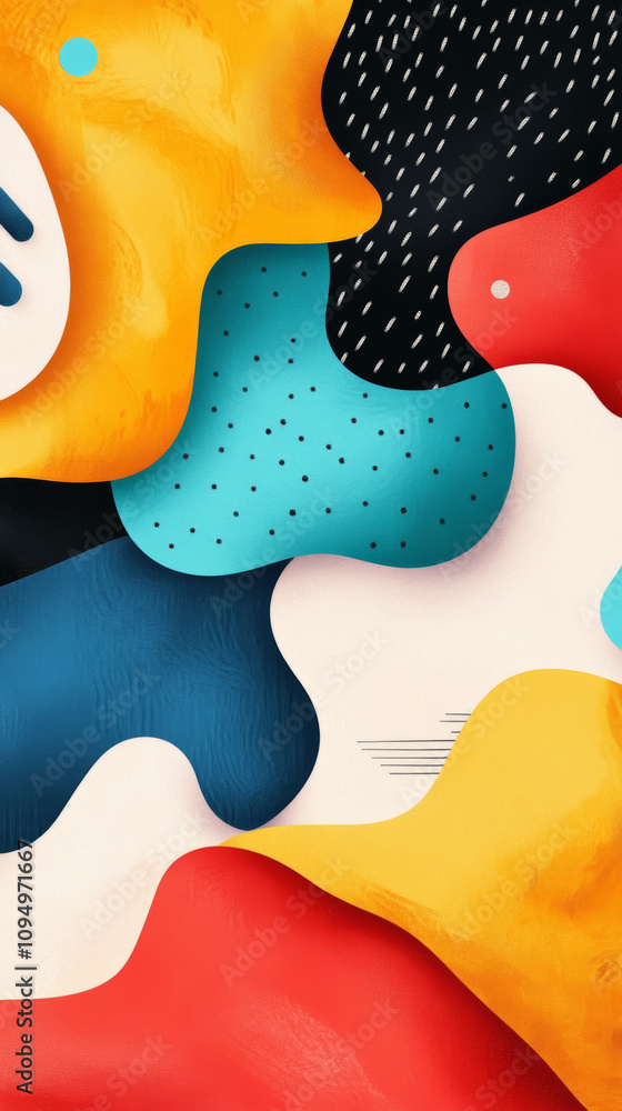 Poster colorful abstract design featuring wavy shapes and bold patterns in a vibrant composition