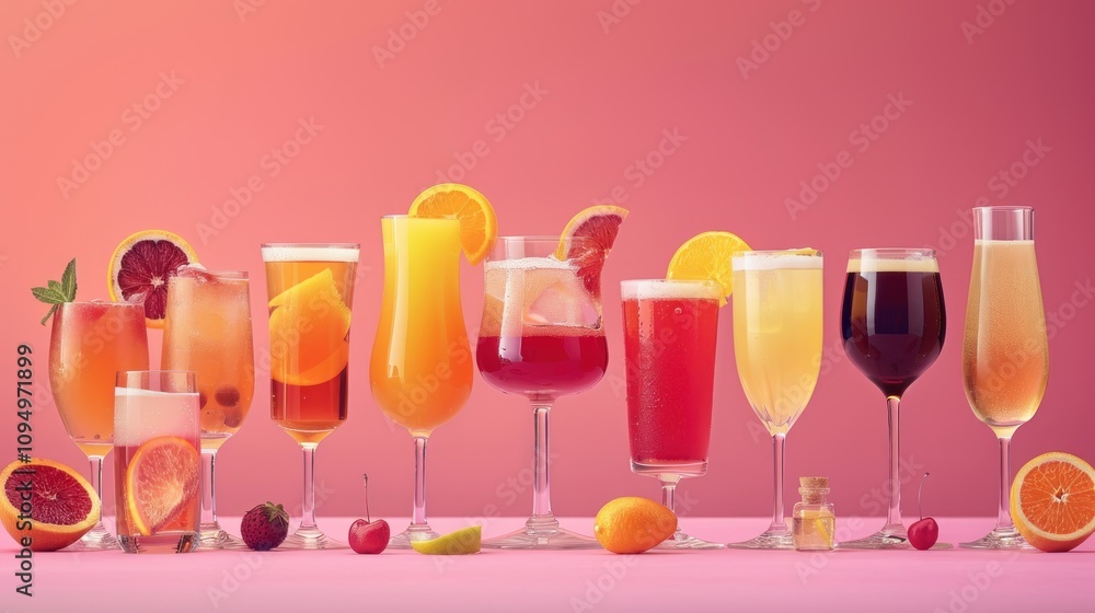 Poster a colorful array of cocktails and drinks displayed against a gradient background.