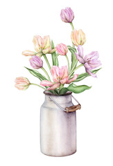 Pastel multi-colored bud bouquet Tulips in metal can watercolor illustration isolated on background. Hand drawn delicate perennial bulbous pink yellow purple flower for spring wedding design or card.