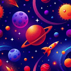 Fototapeta premium Immerse in the vibrant beauty of outer space, adorned with planets and a rocket. Seamless pattern.