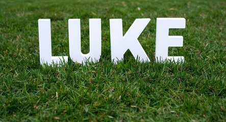 Luke white lettering on grass background