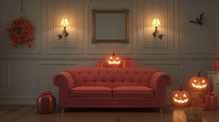 Cozy Halloween-themed living room with pumpkins and decorations.