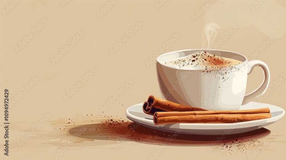 Poster a steaming cup of coffee with cinnamon sticks, creating a warm and inviting atmosphere.