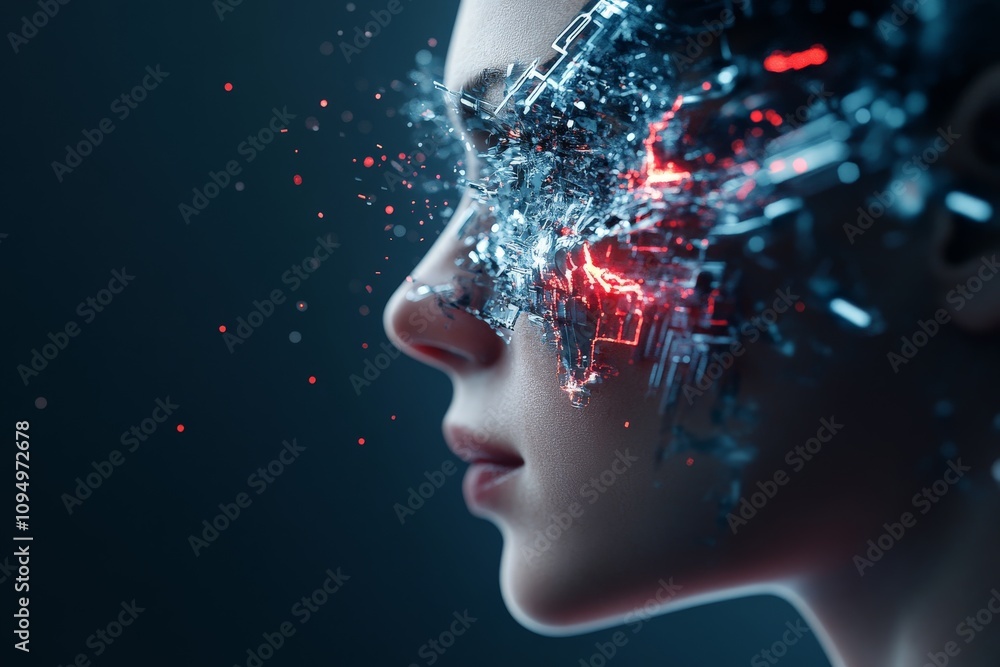 Aufkleber a close-up profile of a person with a futuristic digital interface merging with their face, surround