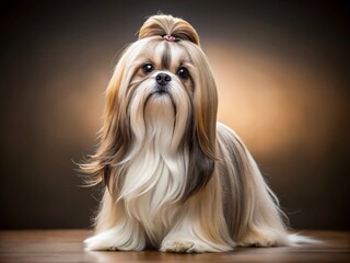 Elegant Shih Tzu Dog Posed Gracefully on a Plain Background, Ideal for Text Overlay and Versatile Usage in Pet-Themed Designs and Marketing Materials