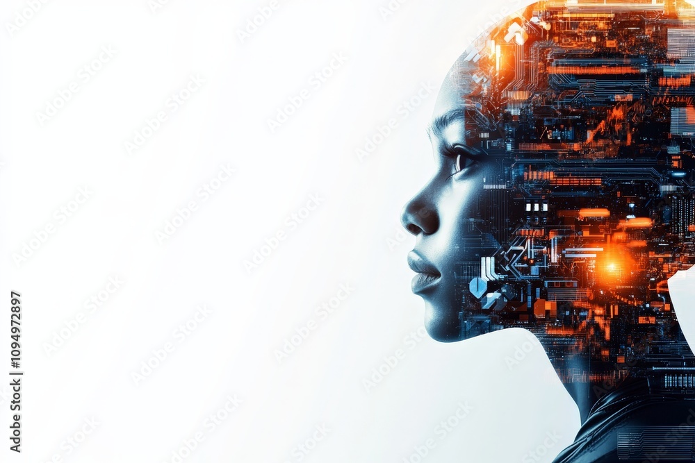 Poster an artistic rendering shows a human profile blending with digital circuitry, illustrating the concep