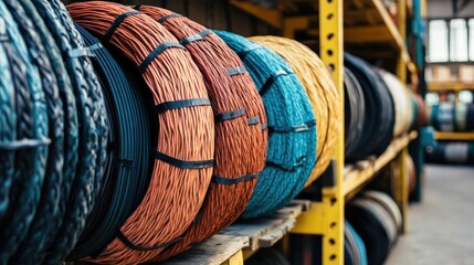 Fototapeta premium Colorful Coiled Wires on Industrial Shelves in a Warehouse, Showcasing Various Materials, Textures, and Vibrant Colors in a Stock Photo for Electrical Supply Use