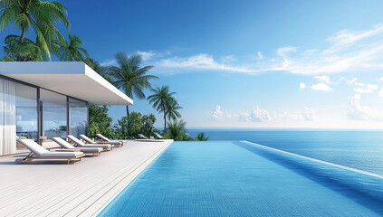 A wide shot of an infinity pool overlooking the ocean, a white wooden deck, a modern beach house, white loungers with umbrellas, a blue sky with clouds, palm trees, a tropical landscape