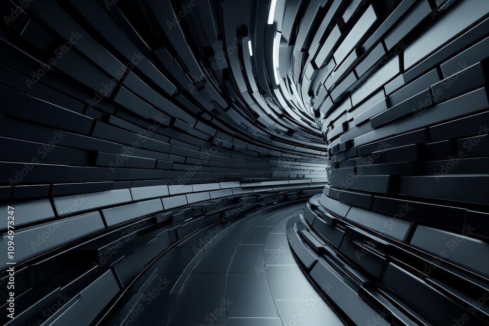 Poster a surreal abstract tunnel composed of curving black segmented patterns, offering a sense of movement