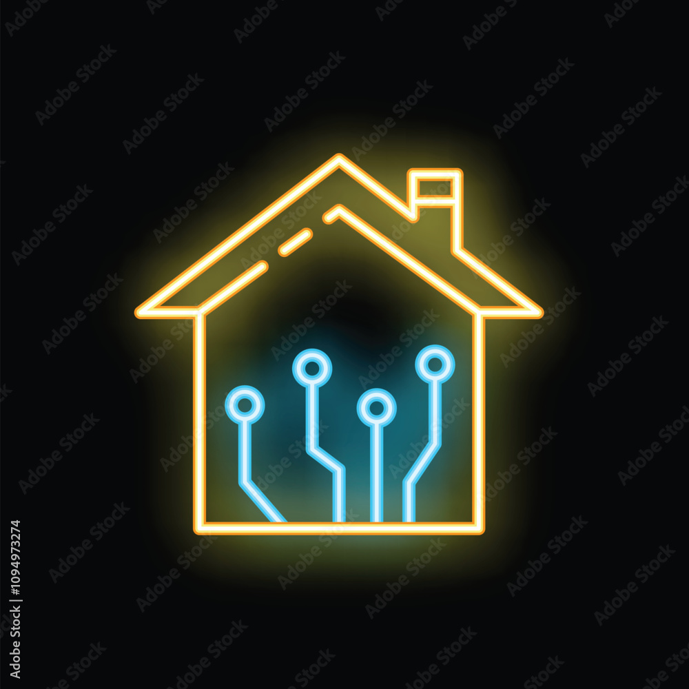 Aufkleber glowing neon icon of a smart home showing a printed circuit board representing home automation