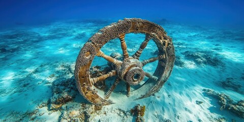 A weathered ship's wheel, encrusted with barnacles, lies on the seafloor surrounded by clear water.