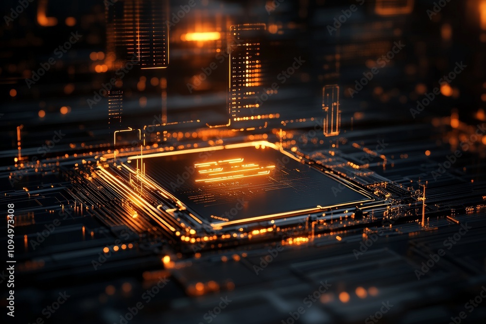 Poster close-up view of a futuristic microchip glowing with digital circuits and orange lights, symbolizing