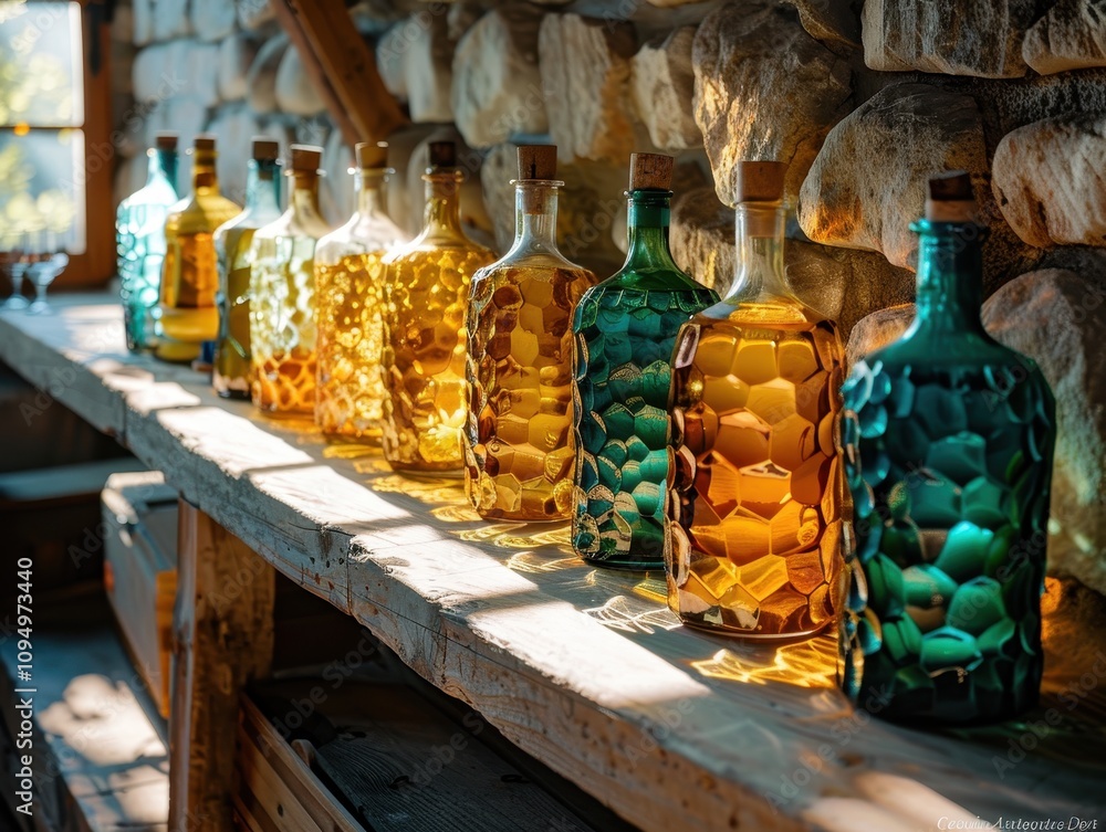 Aufkleber colorful glass bottles lined up in ray patterns on a rustic shelf illuminated by sunlight in a cozy 