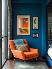 Modern Orange Chair Interior Design With Abstract Art