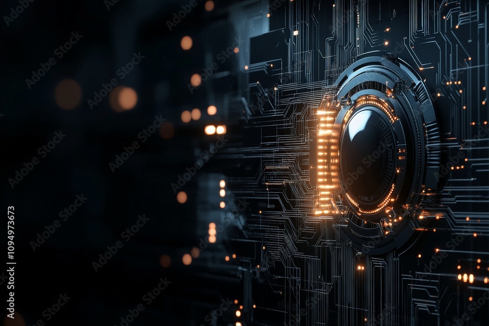 Poster an abstract design features a dark circuit-like sphere with bright glowing center elements, illustra