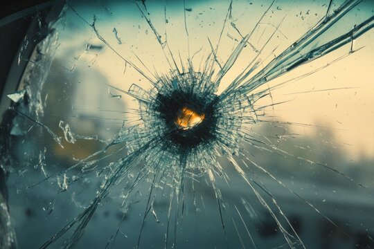 A close up of shattered glass revealing a burst of colors. The impact and chaos of broken windows are powerful subjects. This image tells a story of damage and pain. Generative AI - Powered by Adobe