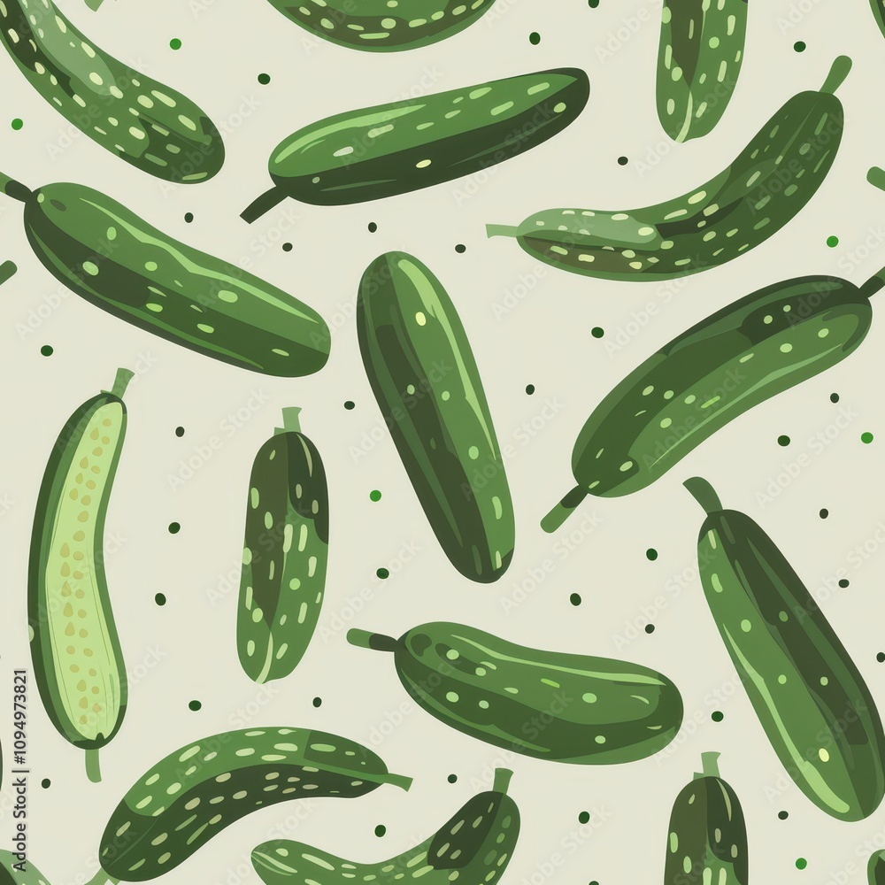 Poster seamless minimal pattern featuring fresh cucumbers on a light green background ideal for fabric and 