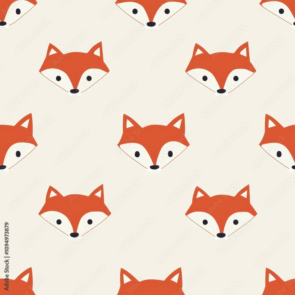 Poster charming minimalist fox pattern for seamless fabric design featuring playful fox faces in orange and