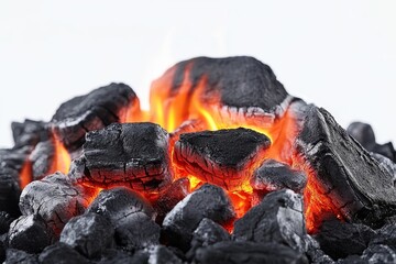 Glowing embers, burning charcoal, fiery heat.