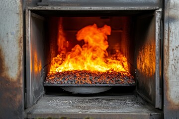 Fiery coals burn brightly in a metal oven.