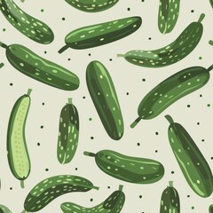 Seamless Minimal Pattern Featuring Fresh Cucumbers on a Light Green Background Ideal for Fabric and Textile Design Projects
