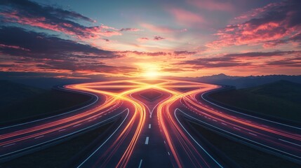 Multiple roads or pathways converging into a single point at sunset, creating a sense of unity or decision-making