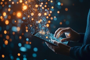 A person uses a digital tablet, surrounded by abstract digital elements, showcasing technology interface, innovation, and human-computer interaction in a vibrant setting.