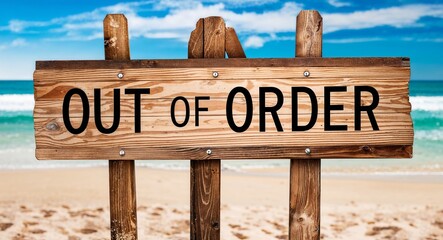 out of order lettering on wooden sign board with beach summer background