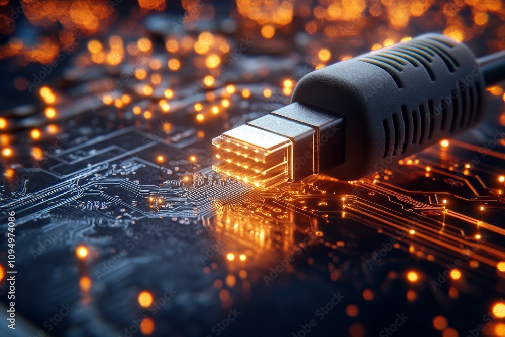 Poster a high-tech cable connects with vibrant glowing circuits signifying advanced technology, data transf