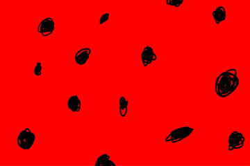 Watermelon rind with seeds vector cartoon seamless pattern background for wallpaper, wrapping, packing, and backdrop. Red wallpaper with various size of black dots. Strawberry background