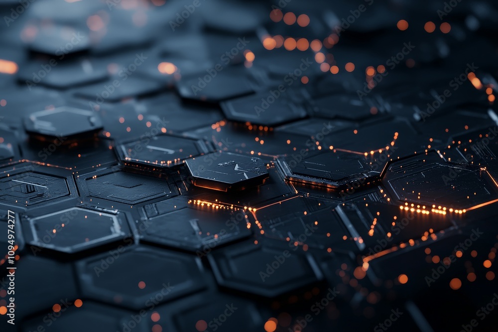 Poster hexagonal shaped data chips with luminous circuits represent technological advancements, digital dat