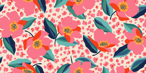 Exotic hand drawn flowers print, seamless patterns with floral and leopard for fabric, textiles, clothing, poster, cover, banner, wall art, home decor, abstract backgrounds.