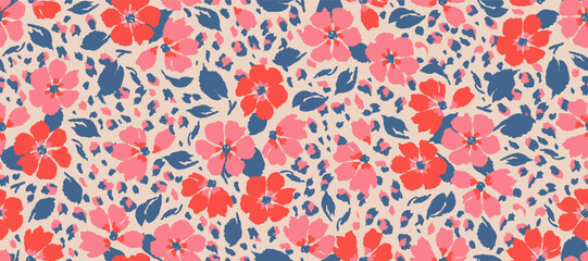 Exotic hand drawn flowers print, seamless patterns with floral and leopard for fabric, textiles, clothing, poster, cover, banner, wall art, home decor, abstract backgrounds. © Udomdech