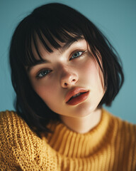Portret w stylu vogue - piękna młoda brunetka w żółtym swetrze.