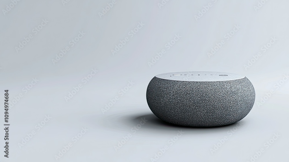 Poster modern smart speaker on minimalist gray background, showcasing sleek design and innovative technolog