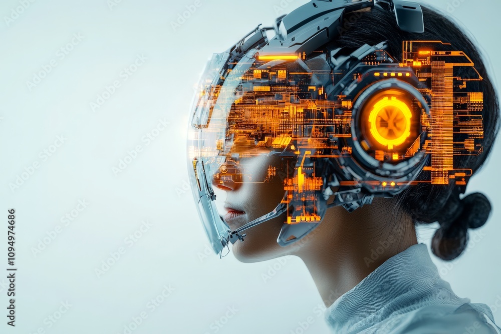 Poster a side profile captures a person wearing an advanced augmented reality headset, demonstrating the se