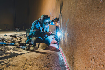 Welders at work in metal argon industry, welding metal plate tank construction close up wear...